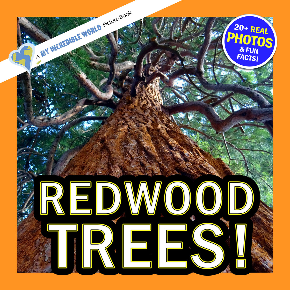 Front cover of a children's picture book titled 'REDWOOD TREES!' with a large low-angle photograph of a redwood tree trunk and branches, orange border, and promotional badges reading 'A MY INCREDIBLE WORLD Picture Book' and '20+ REAL PHOTOS & FUN FACTS!'.