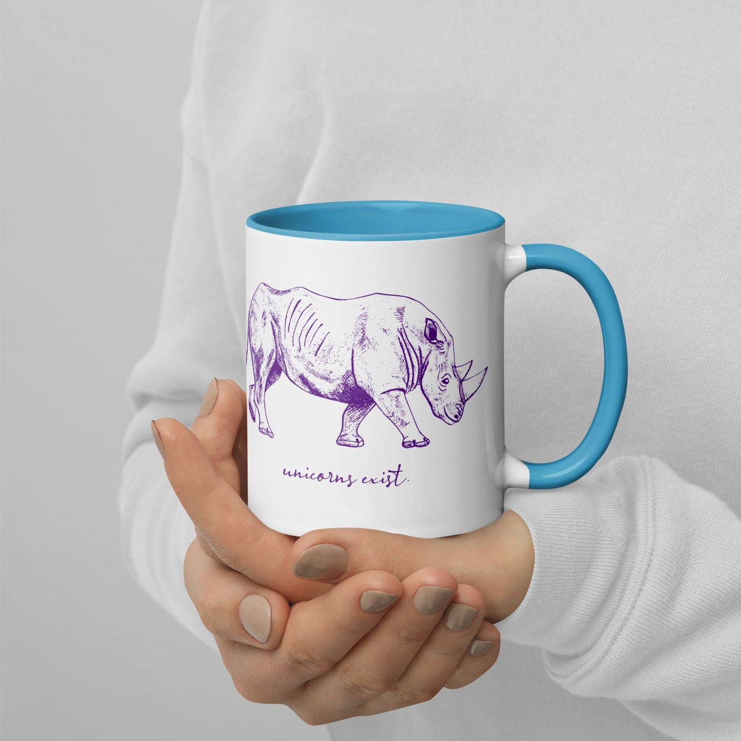 "Unicorns Exist" Rhinoceros Coffee Mug (Purple Print) Blue / 11oz