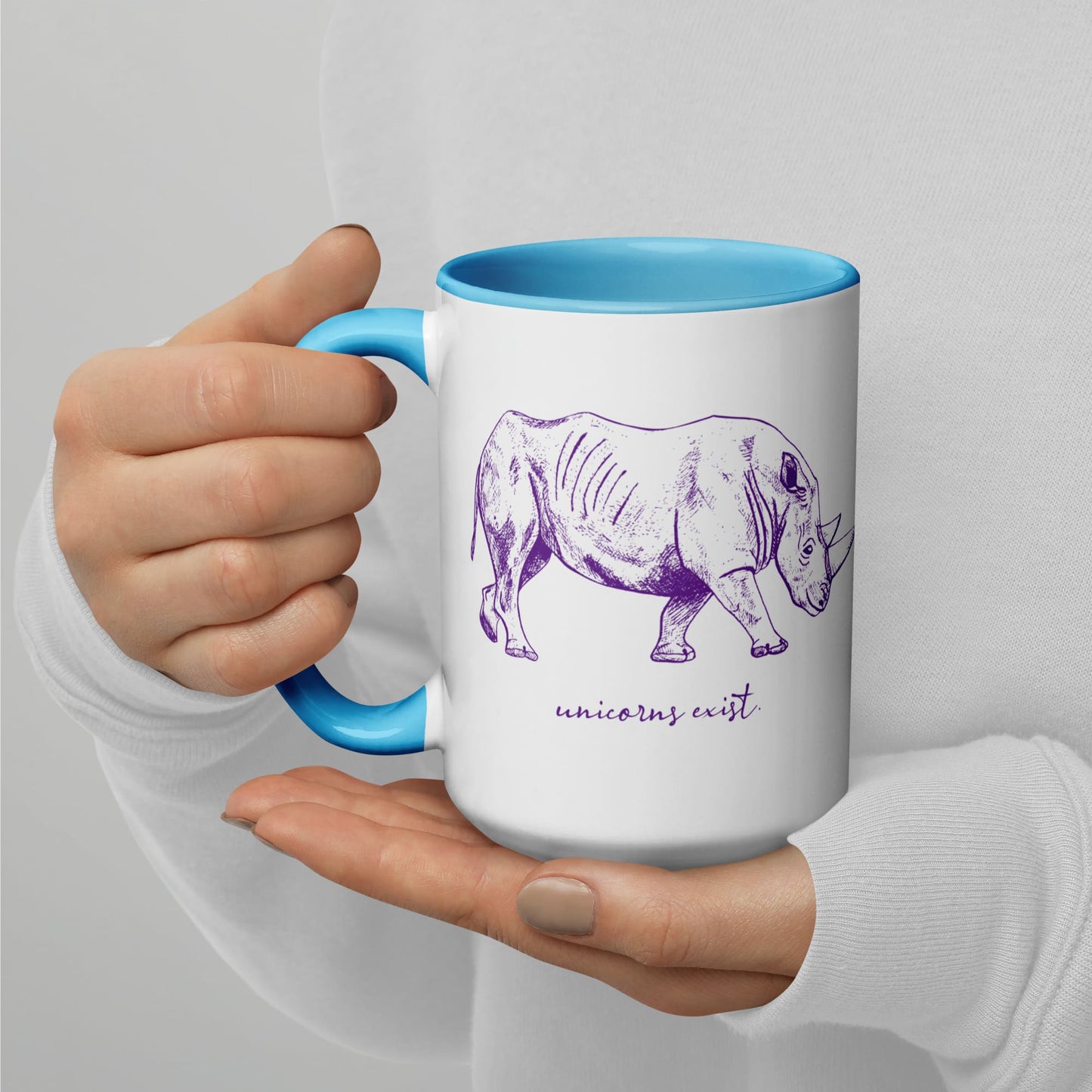 "Unicorns Exist" Rhinoceros Coffee Mug (Purple Print)