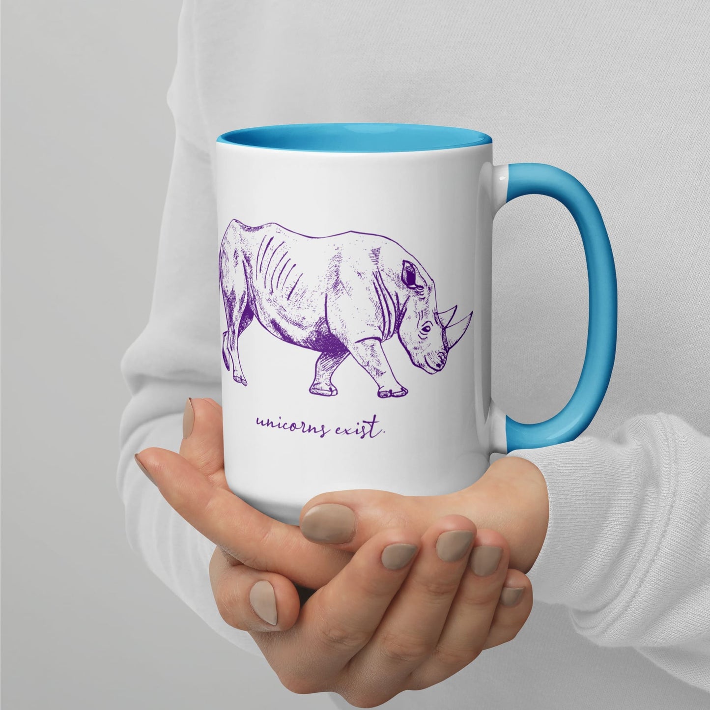 "Unicorns Exist" Rhinoceros Coffee Mug (Purple Print)