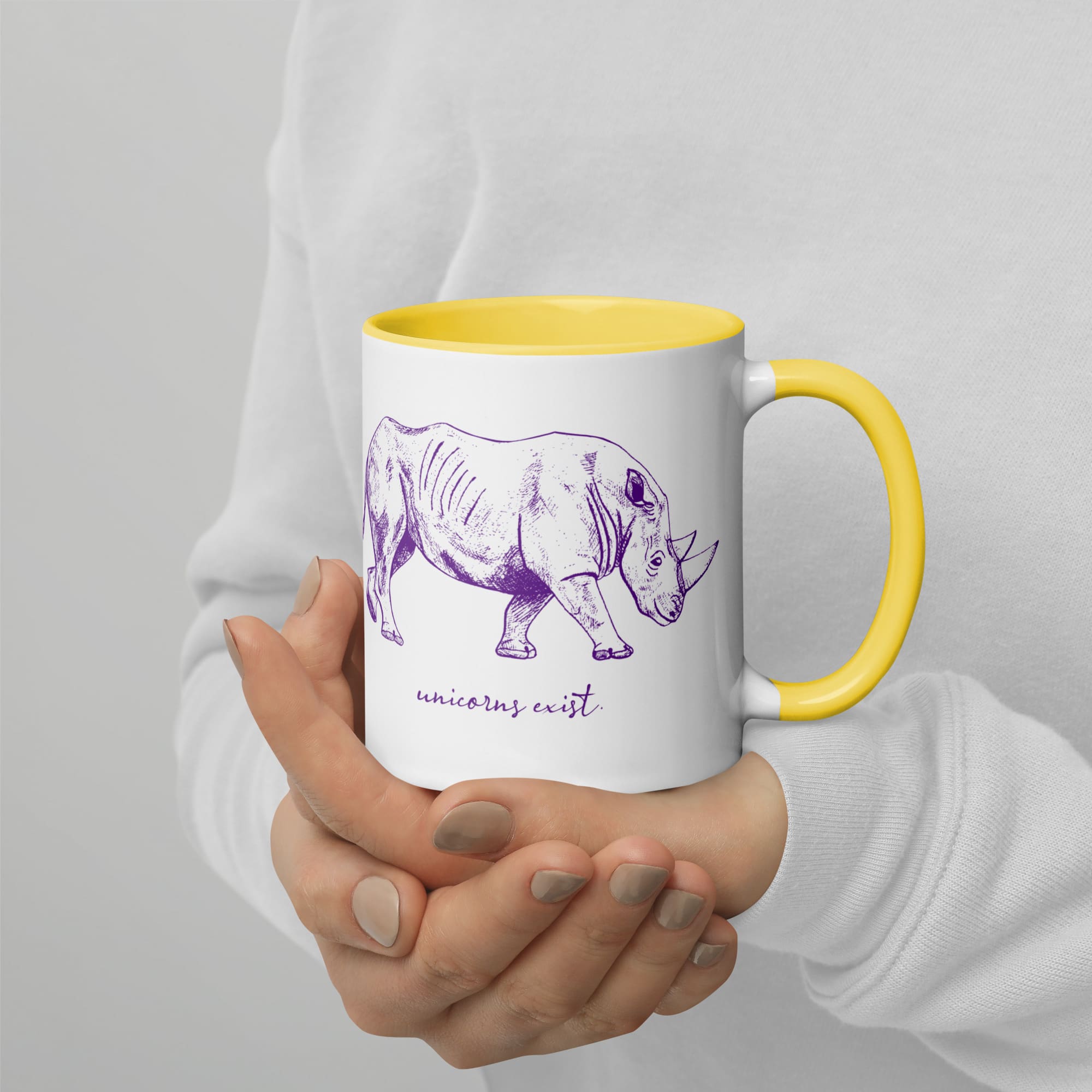 "Unicorns Exist" Rhinoceros Coffee Mug (Purple Print) Yellow / 11oz