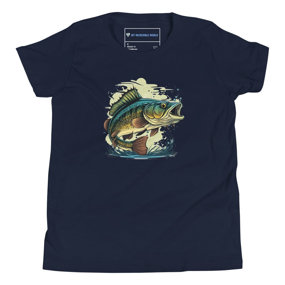 "The Mighty Bass" - Bass Fish / Fisherman T-Shirt for Kids/Youth Navy / S