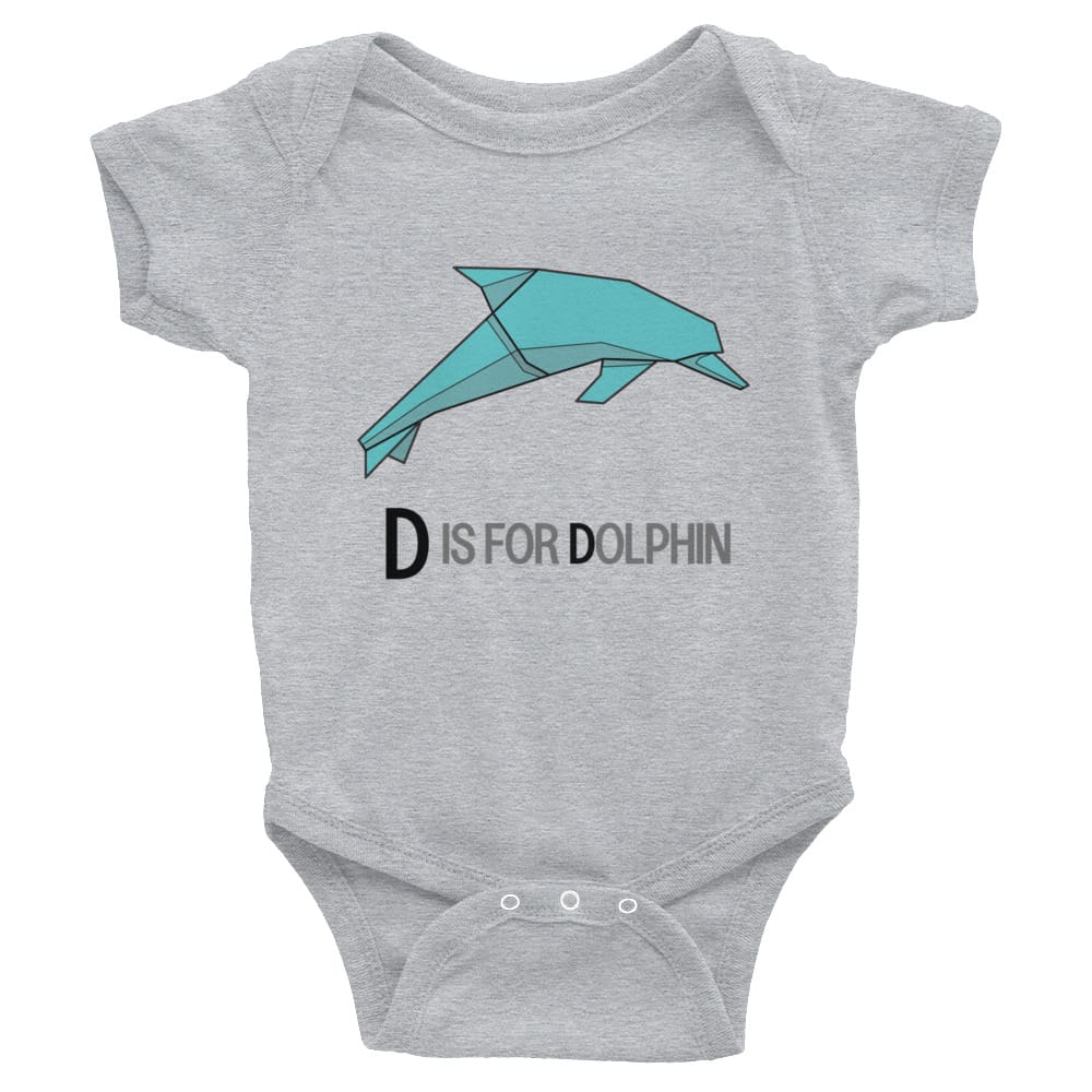 "D is for Dolphin" Dolphin Baby Onesie (Low-Poly Origami Alphabet) Heather / 6M