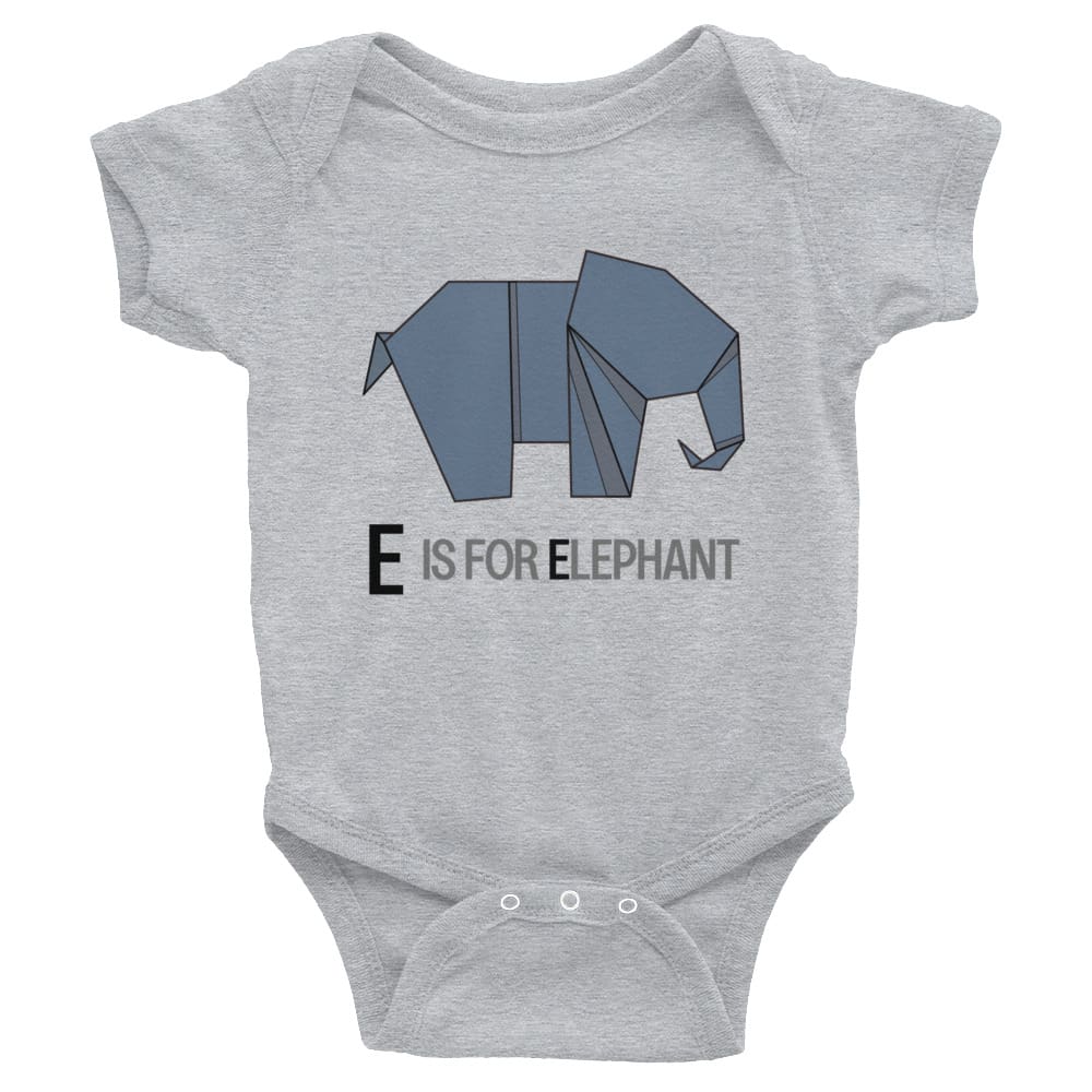 "E is for Elephant" Elephant Baby Onesie (Low-Poly Origami Alphabet) Heather / 6M