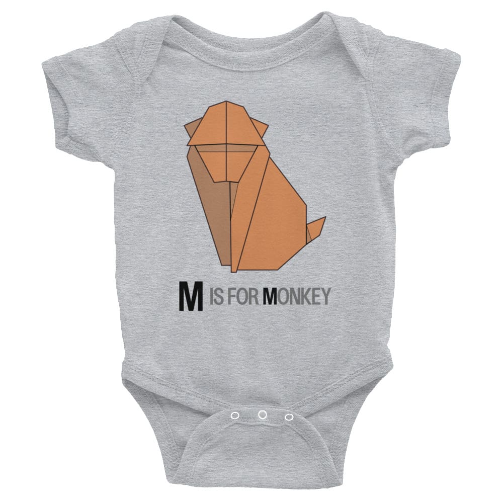 "M is for Monkey" Monkey Baby Onesie (Low-Poly Origami Alphabet) Heather / 6M