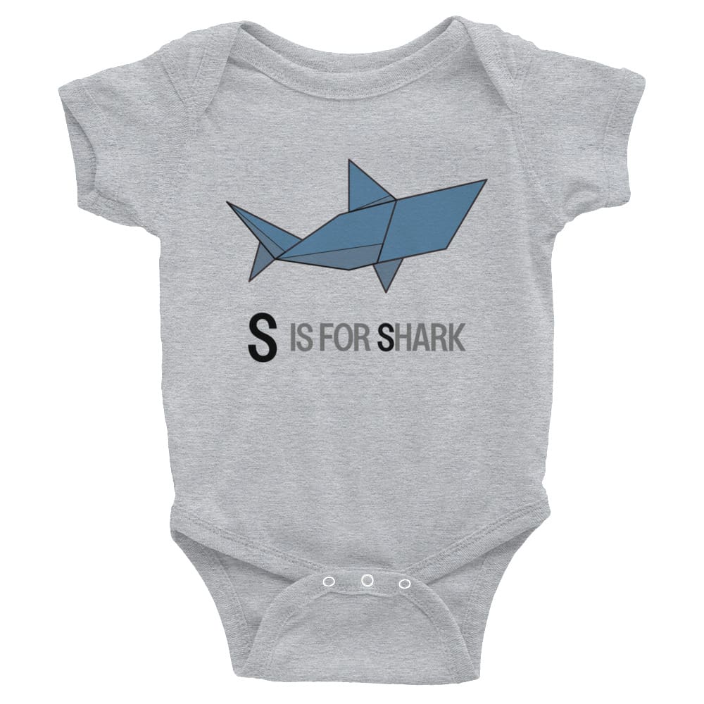 "S is for Shark" Shark Baby Onesie (Low-Poly Origami Animals) Heather / 6M