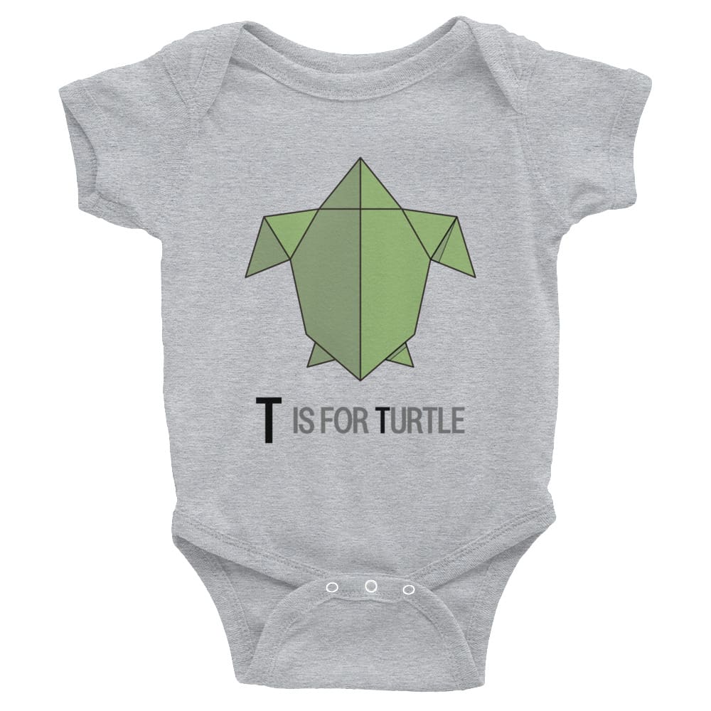 "T is for Turtle" Turtle Baby Onesie (Low-Poly Origami Alphabet) Heather / 6M