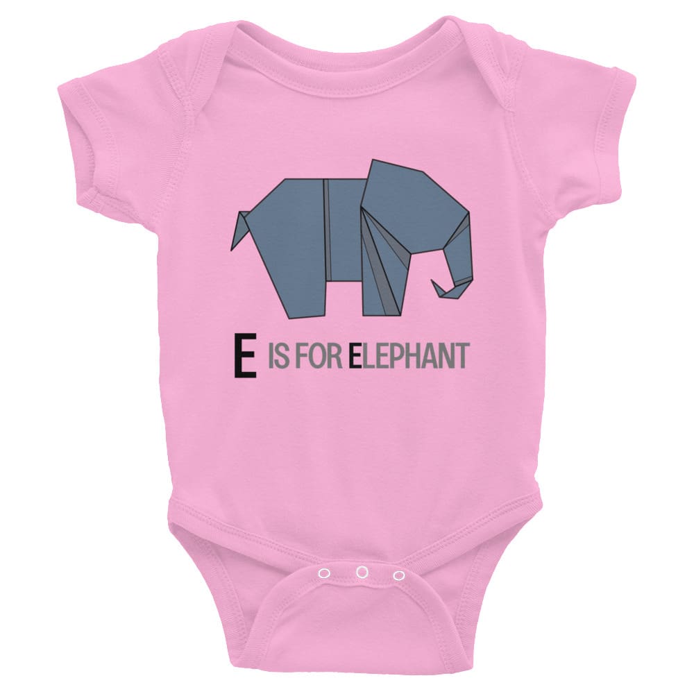 "E is for Elephant" Elephant Baby Onesie (Low-Poly Origami Alphabet) Pink / 6M