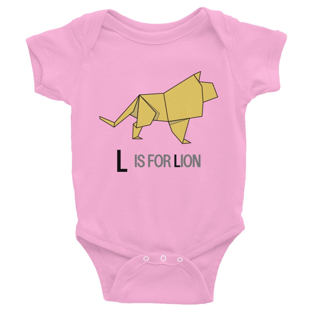 "L is for Lion" Lion Baby Onesie (Low-Poly Origami Alphabet) Pink / 6M