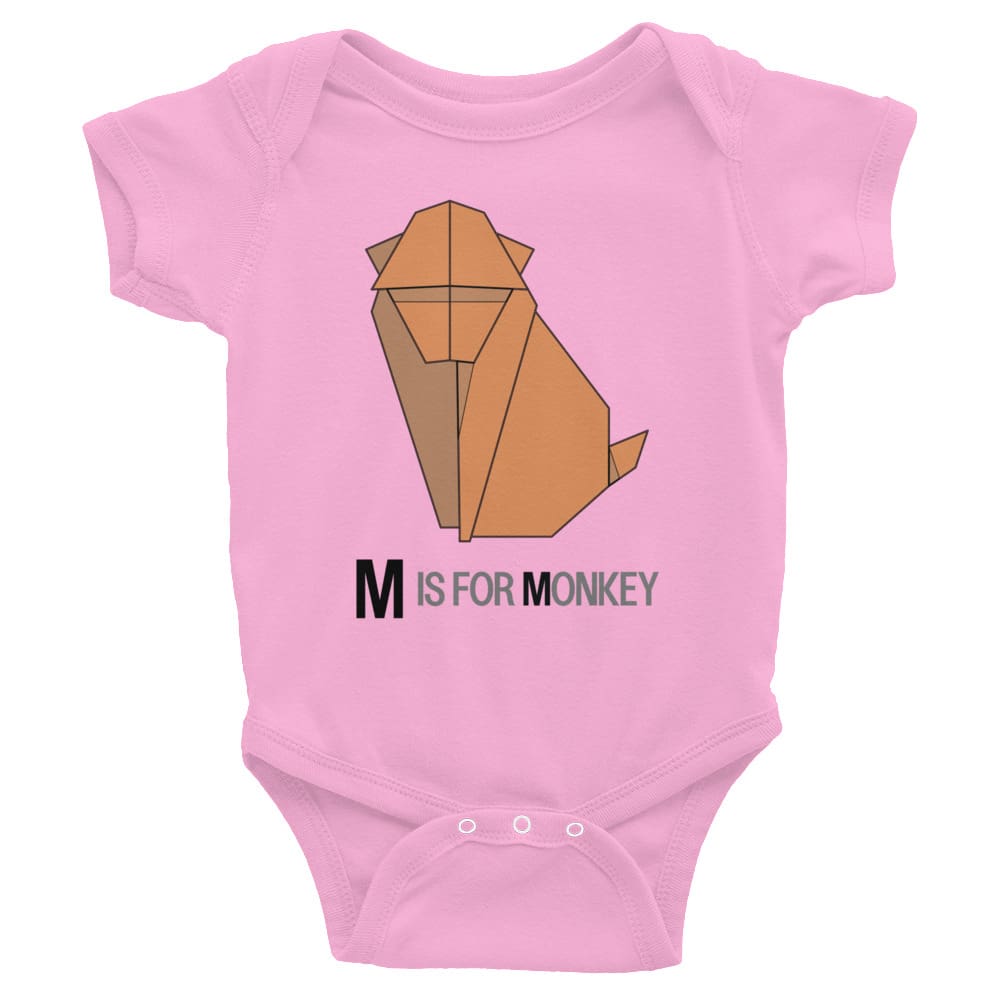 "M is for Monkey" Monkey Baby Onesie (Low-Poly Origami Alphabet) Pink / 6M