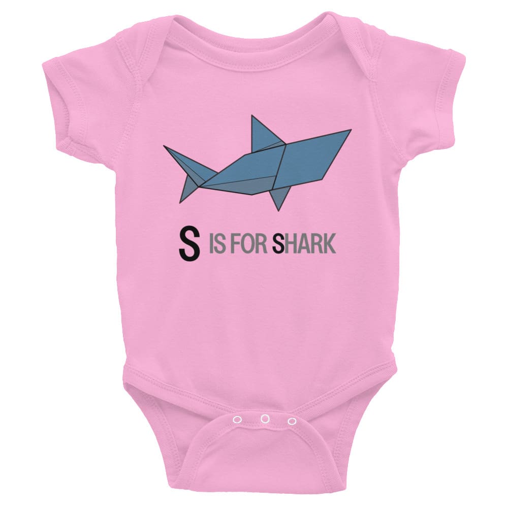 "S is for Shark" Shark Baby Onesie (Low-Poly Origami Animals) Pink / 6M