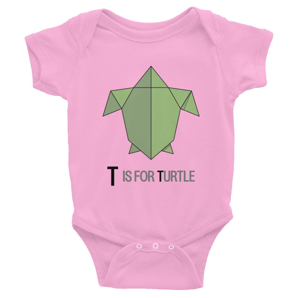 "T is for Turtle" Turtle Baby Onesie (Low-Poly Origami Alphabet) Pink / 6M