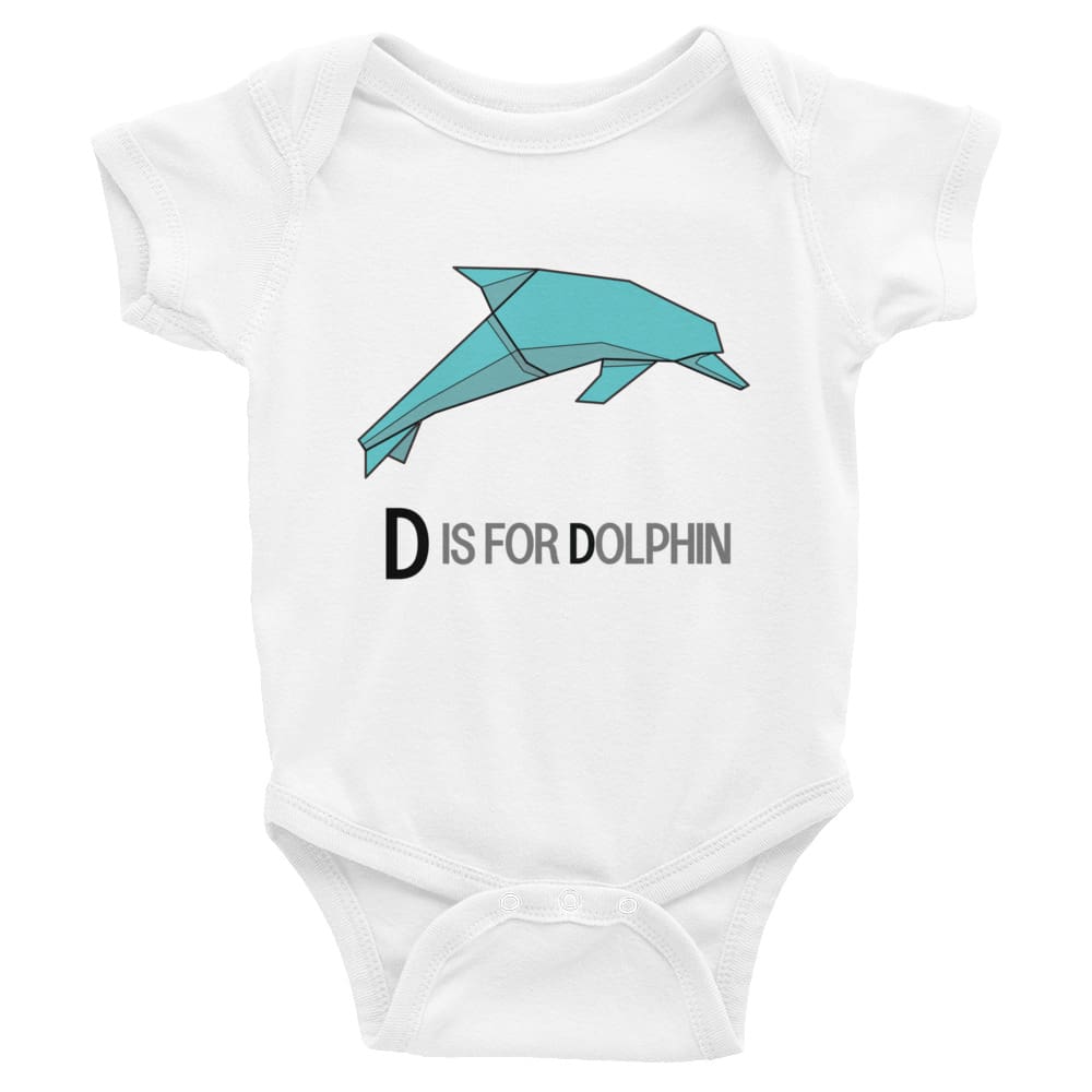 "D is for Dolphin" Dolphin Baby Onesie (Low-Poly Origami Alphabet) White / 6M