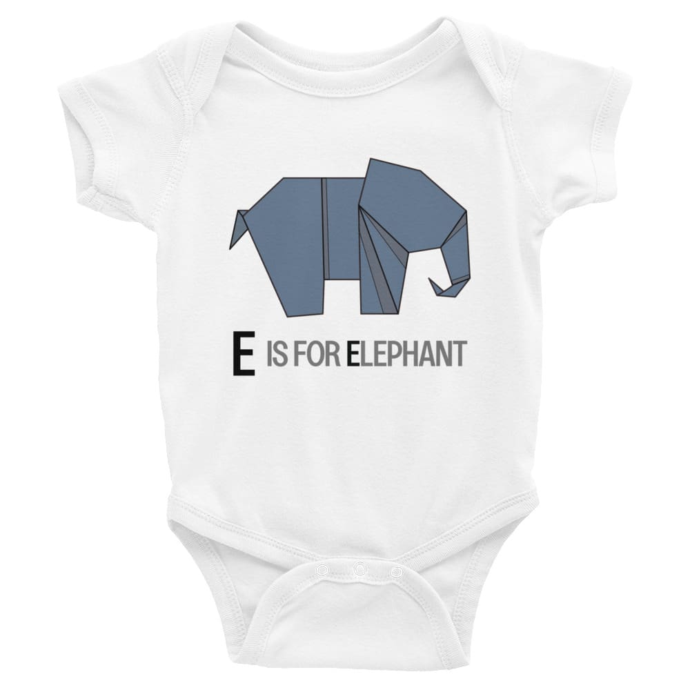 "E is for Elephant" Elephant Baby Onesie (Low-Poly Origami Alphabet) White / 6M