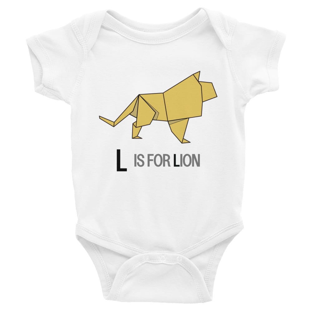 "L is for Lion" Lion Baby Onesie (Low-Poly Origami Alphabet) White / 6M