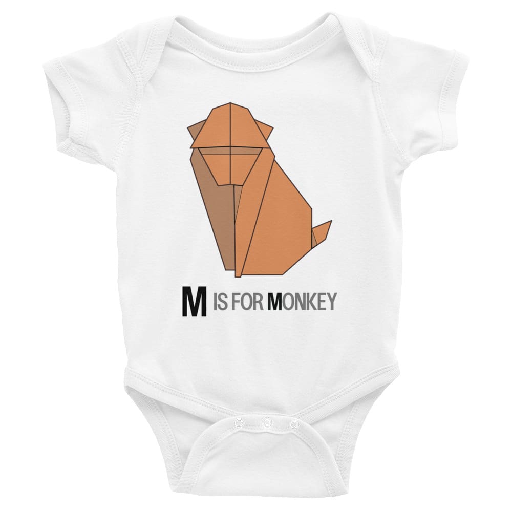 "M is for Monkey" Monkey Baby Onesie (Low-Poly Origami Alphabet) White / 6M