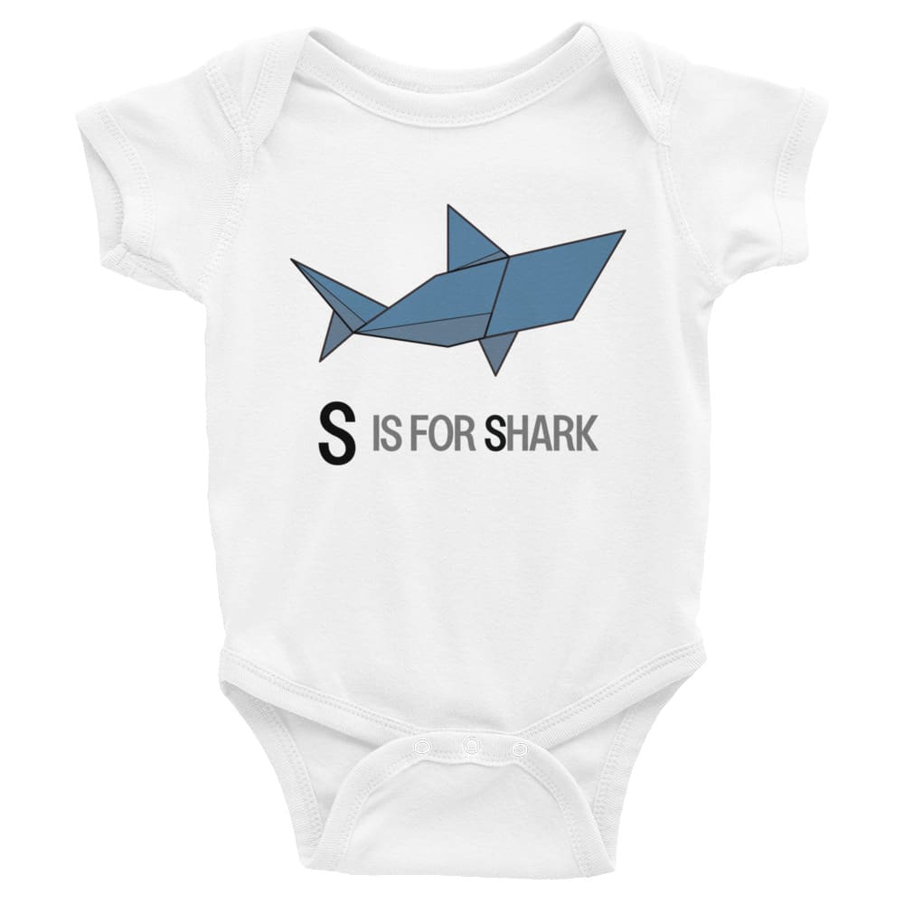 "S is for Shark" Shark Baby Onesie (Low-Poly Origami Animals) White / 6M