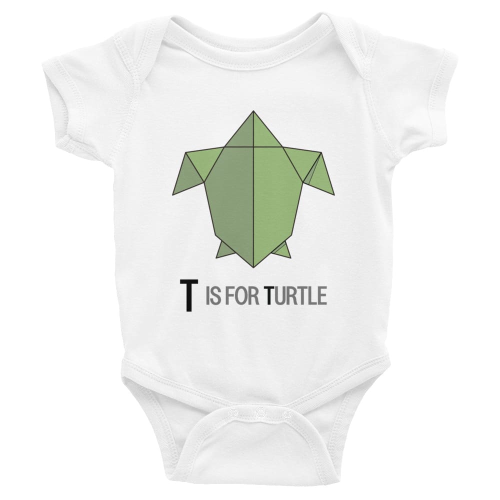 "T is for Turtle" Turtle Baby Onesie (Low-Poly Origami Alphabet) White / 6M