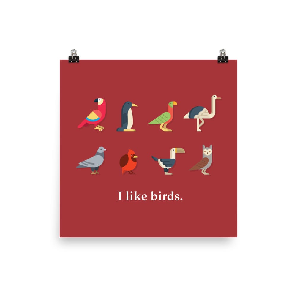 “I Like Birds” Bird Lovers’ Poster/Print (Red Background) 10×10