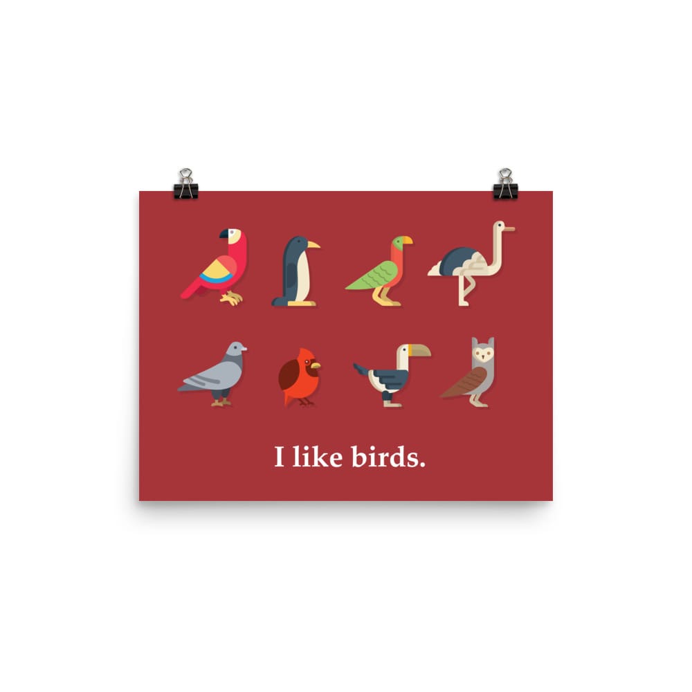 “I Like Birds” Bird Lovers’ Poster/Print (Red Background) 12×16