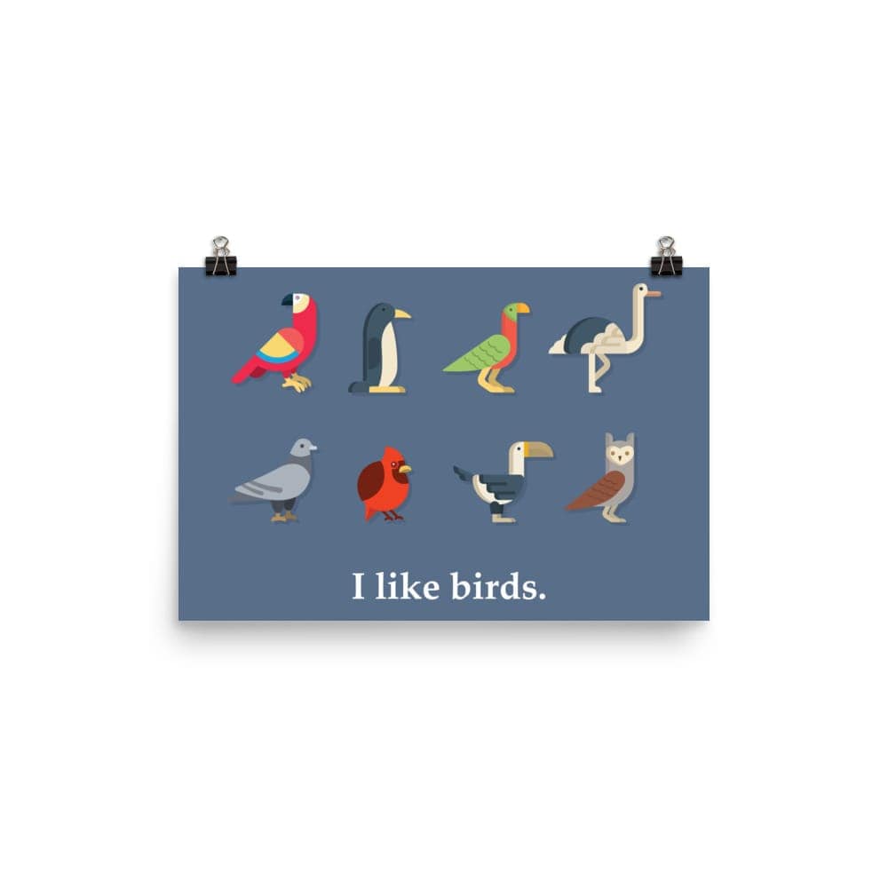 "I Like Birds" Bird Lovers' Poster/Print (Blue Background) 12×18