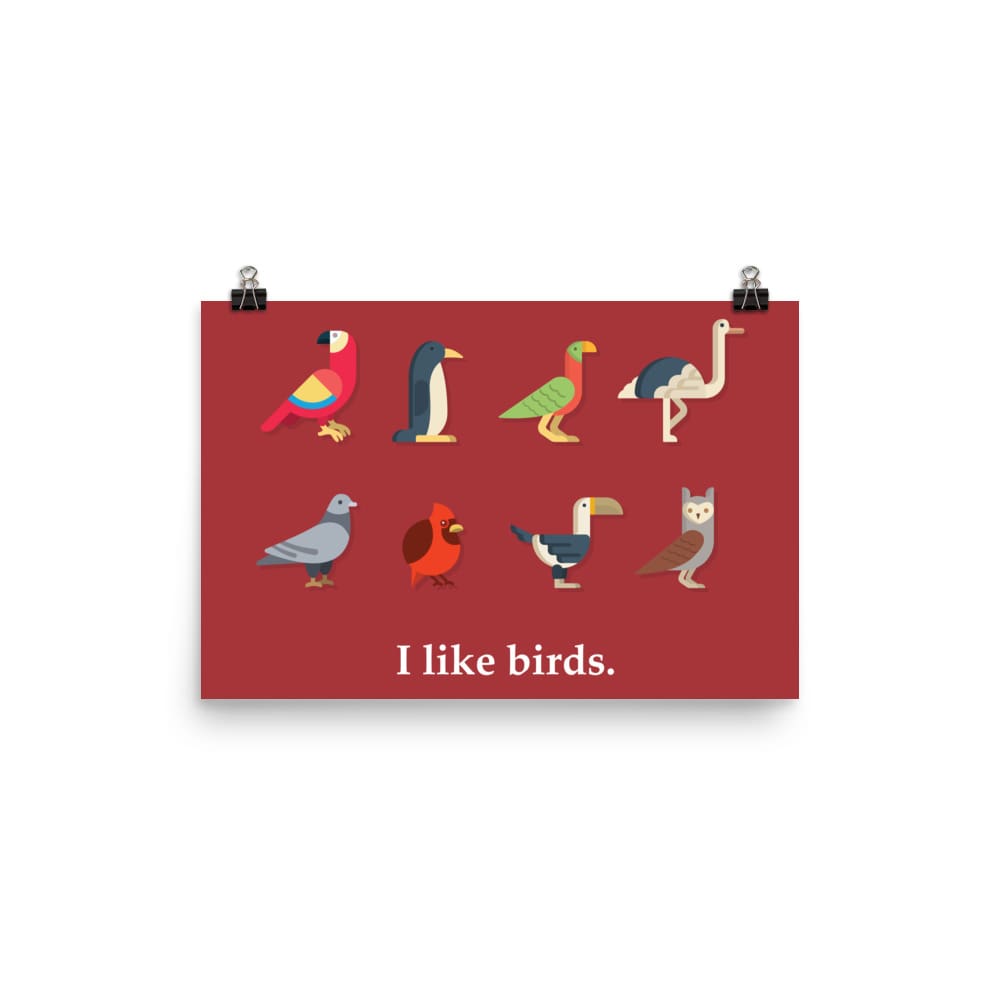 “I Like Birds” Bird Lovers’ Poster/Print (Red Background) 12×18