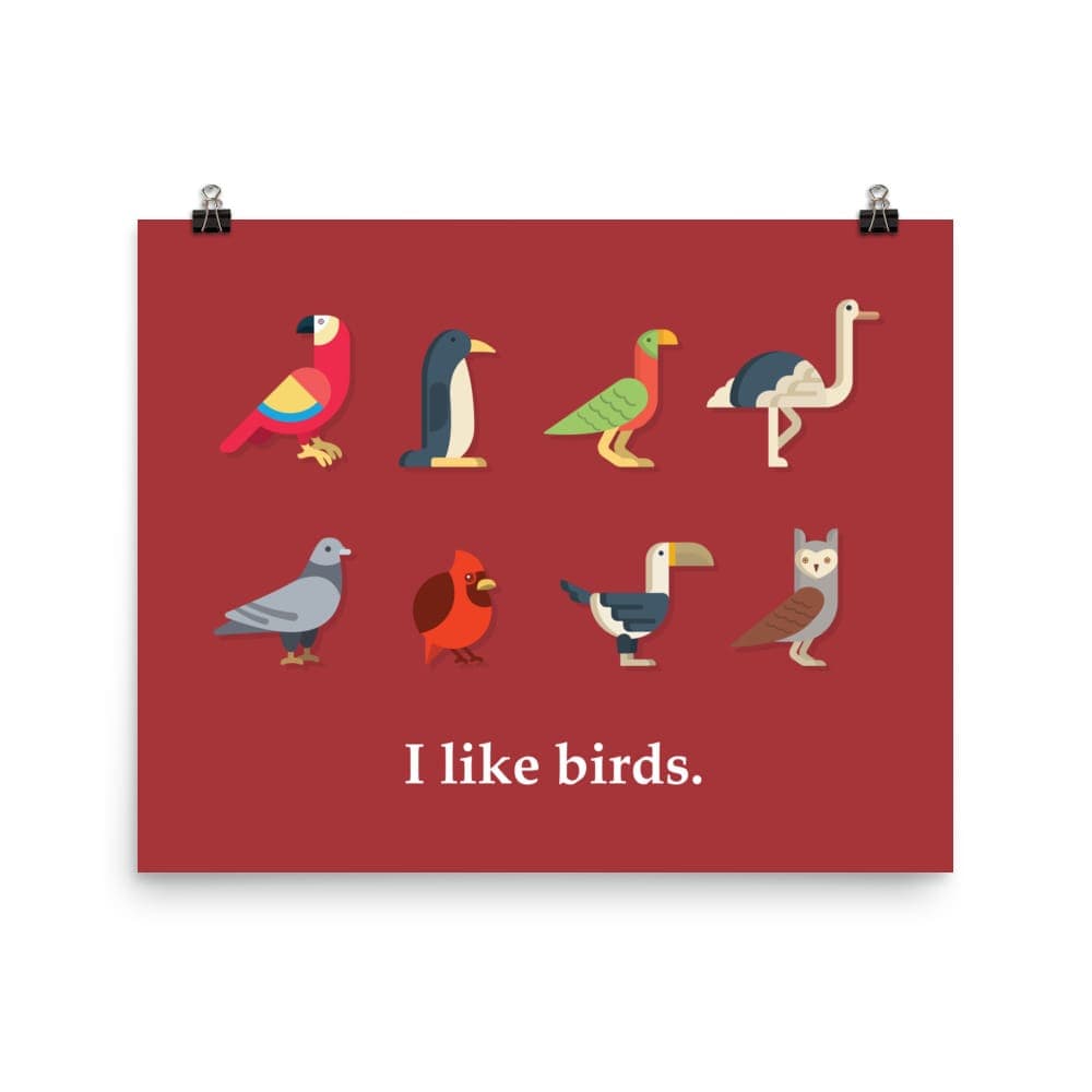 “I Like Birds” Bird Lovers’ Poster/Print (Red Background) 16×20