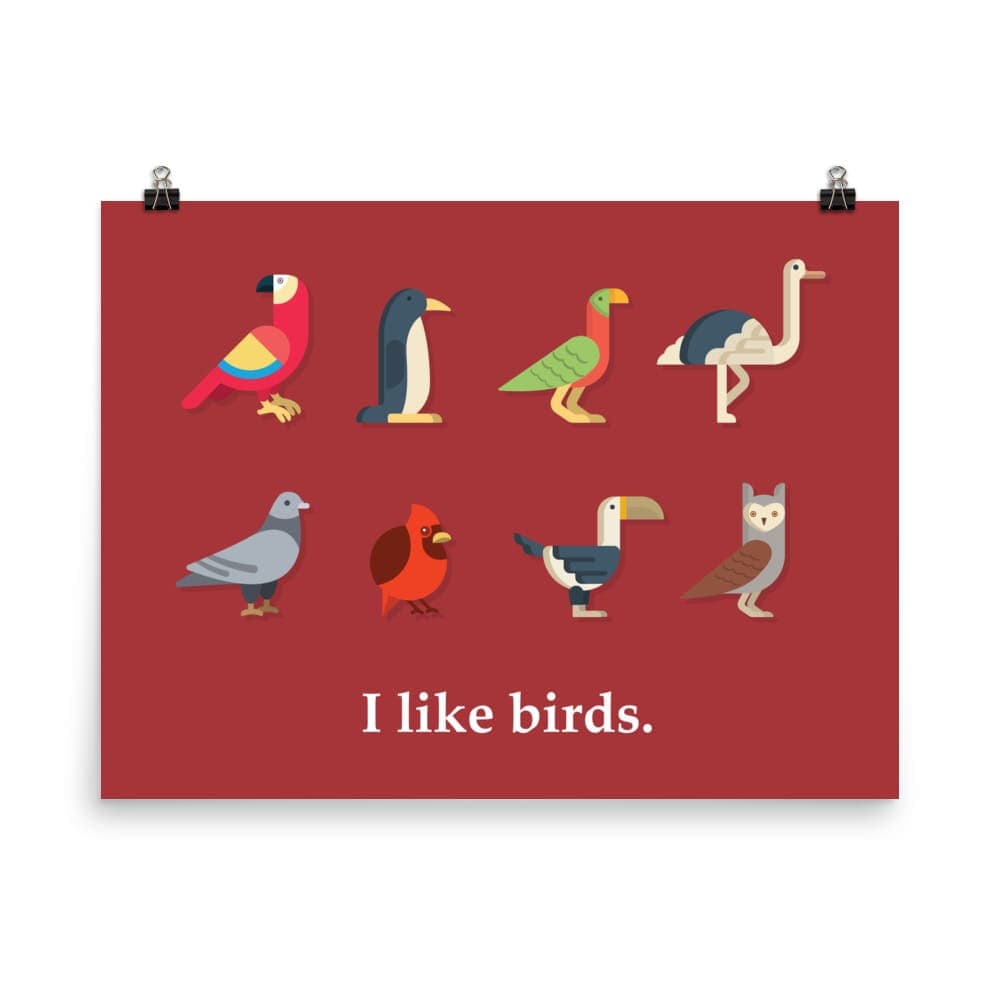 “I Like Birds” Bird Lovers’ Poster/Print (Red Background) 18×24