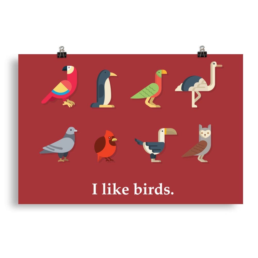 “I Like Birds” Bird Lovers’ Poster/Print (Red Background) 20″×30″