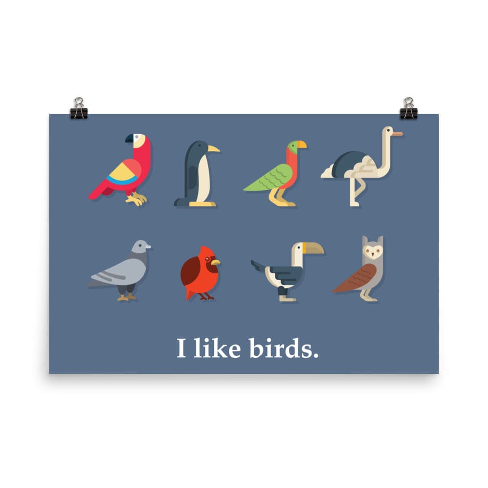 "I Like Birds" Bird Lovers' Poster/Print (Blue Background) 24×36