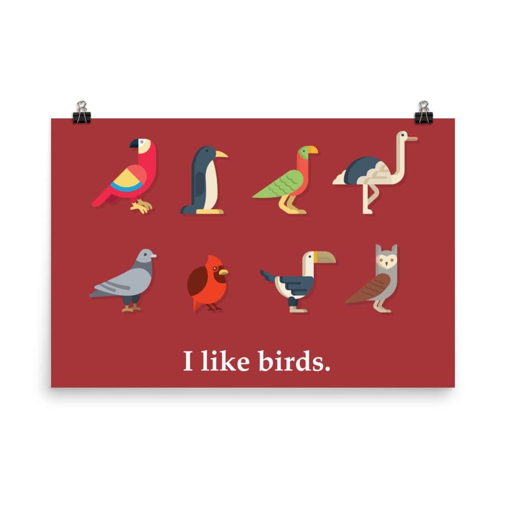 “I Like Birds” Bird Lovers’ Poster/Print (Red Background) 24×36