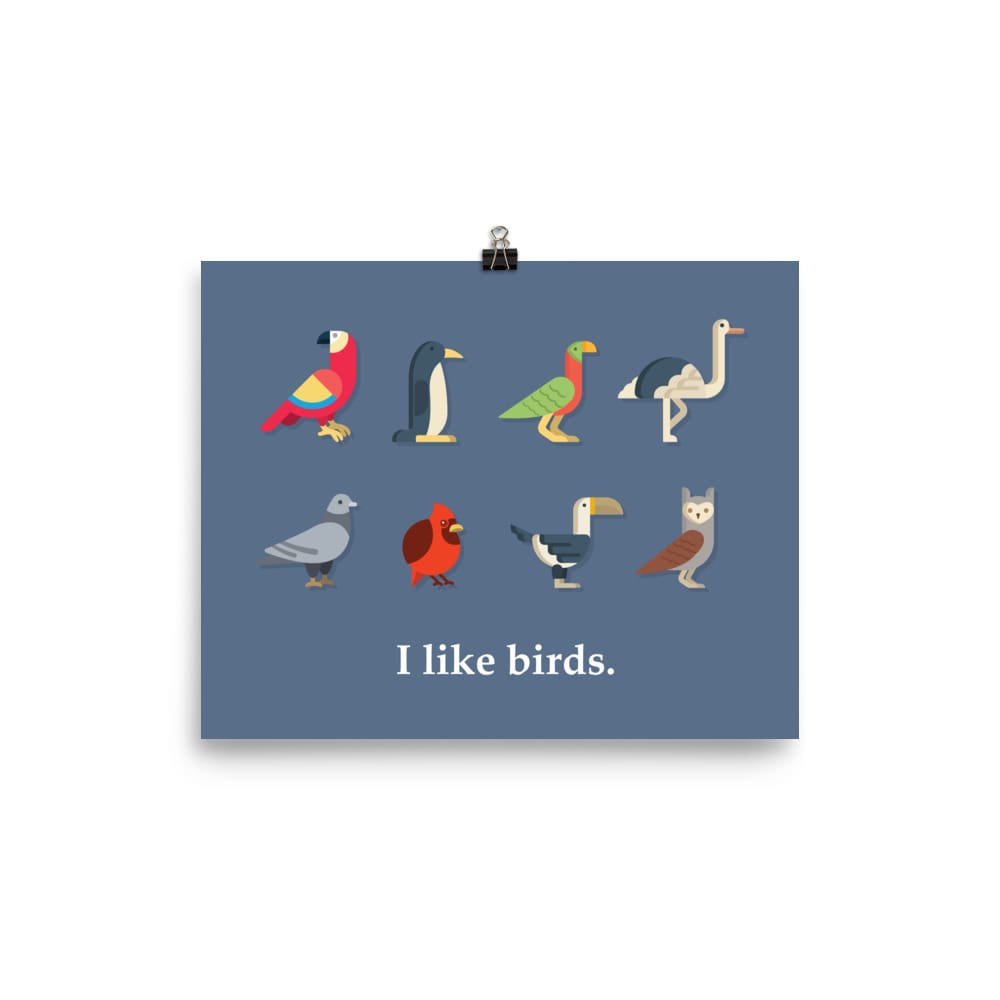 "I Like Birds" Bird Lovers' Poster/Print (Blue Background) 8×10