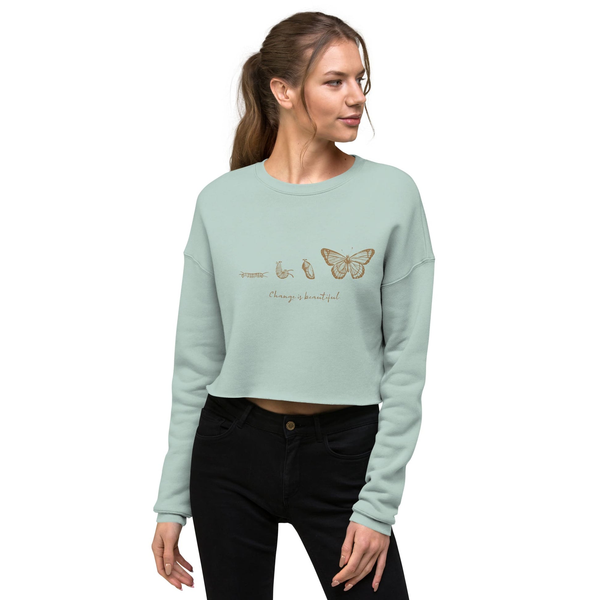 "Change is Beautiful" Butterfly Metamorphosis Cropped Sweatshirt (Women's) Dusty Blue / S