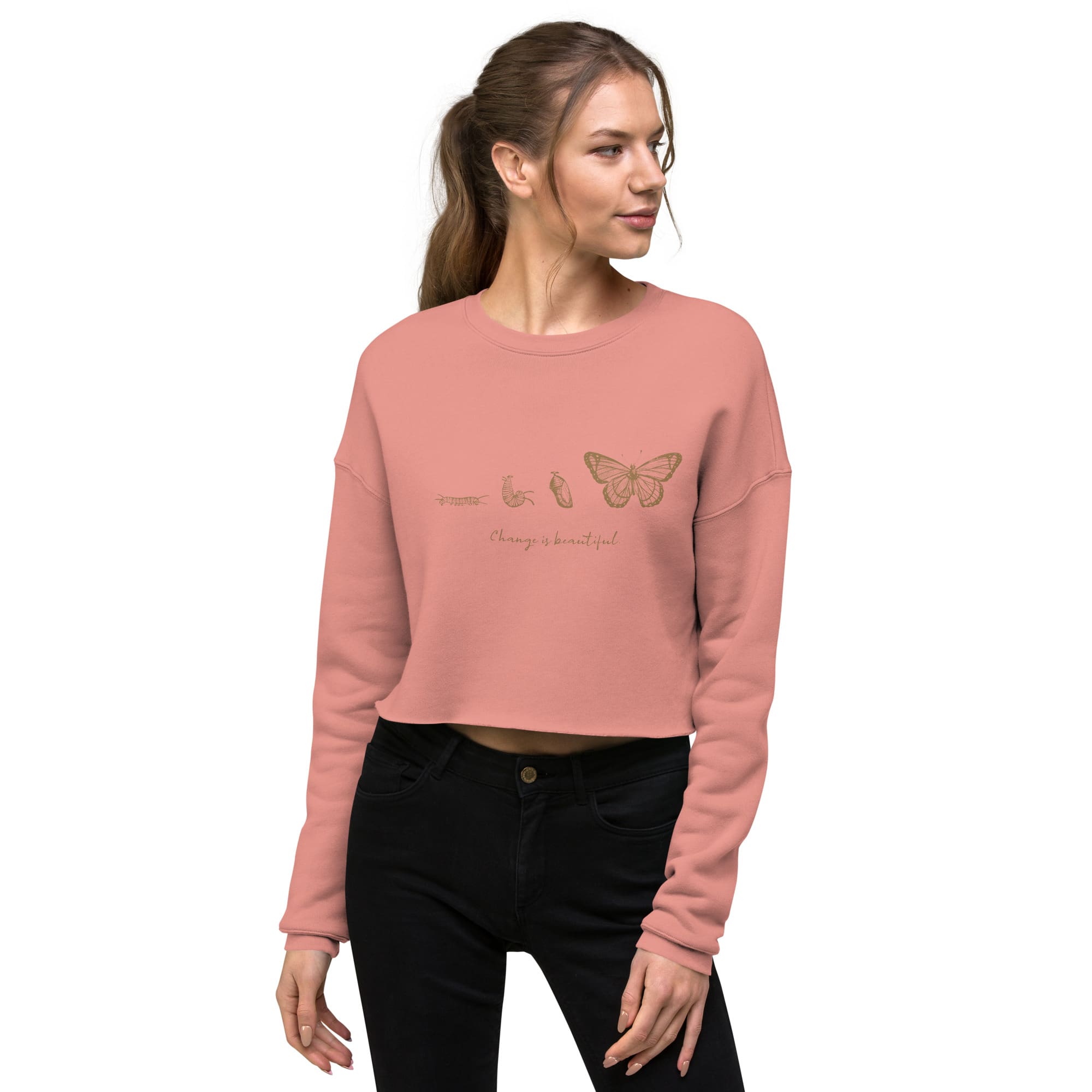 "Change is Beautiful" Butterfly Metamorphosis Cropped Sweatshirt (Women's) Mauve / S