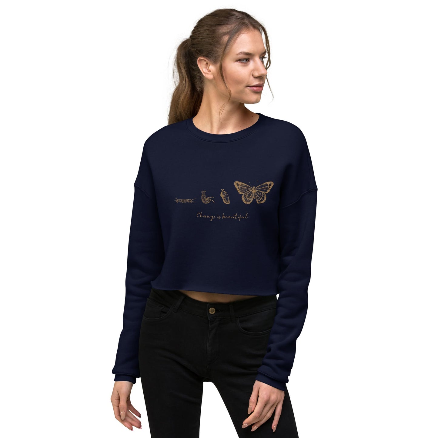 "Change is Beautiful" Butterfly Metamorphosis Cropped Sweatshirt (Women's) Navy / S