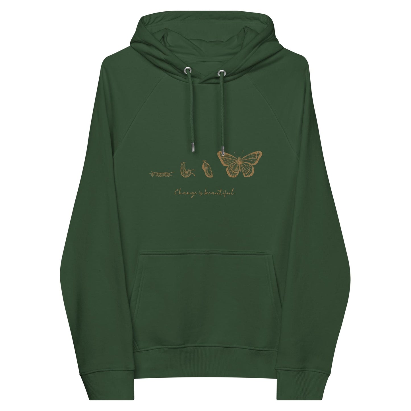 “Change is Beautiful” Butterfly Metamorphosis Raglan Hoodie (Adult Unisex) Bottle green / XS