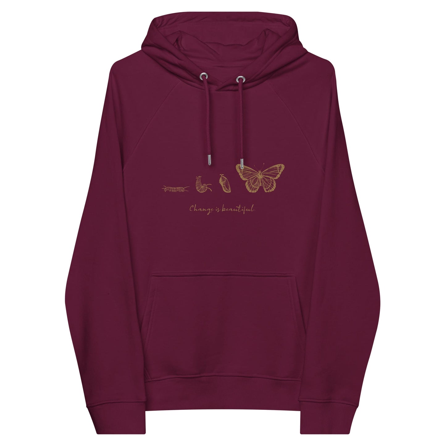 “Change is Beautiful” Butterfly Metamorphosis Raglan Hoodie (Adult Unisex) Burgundy / XS