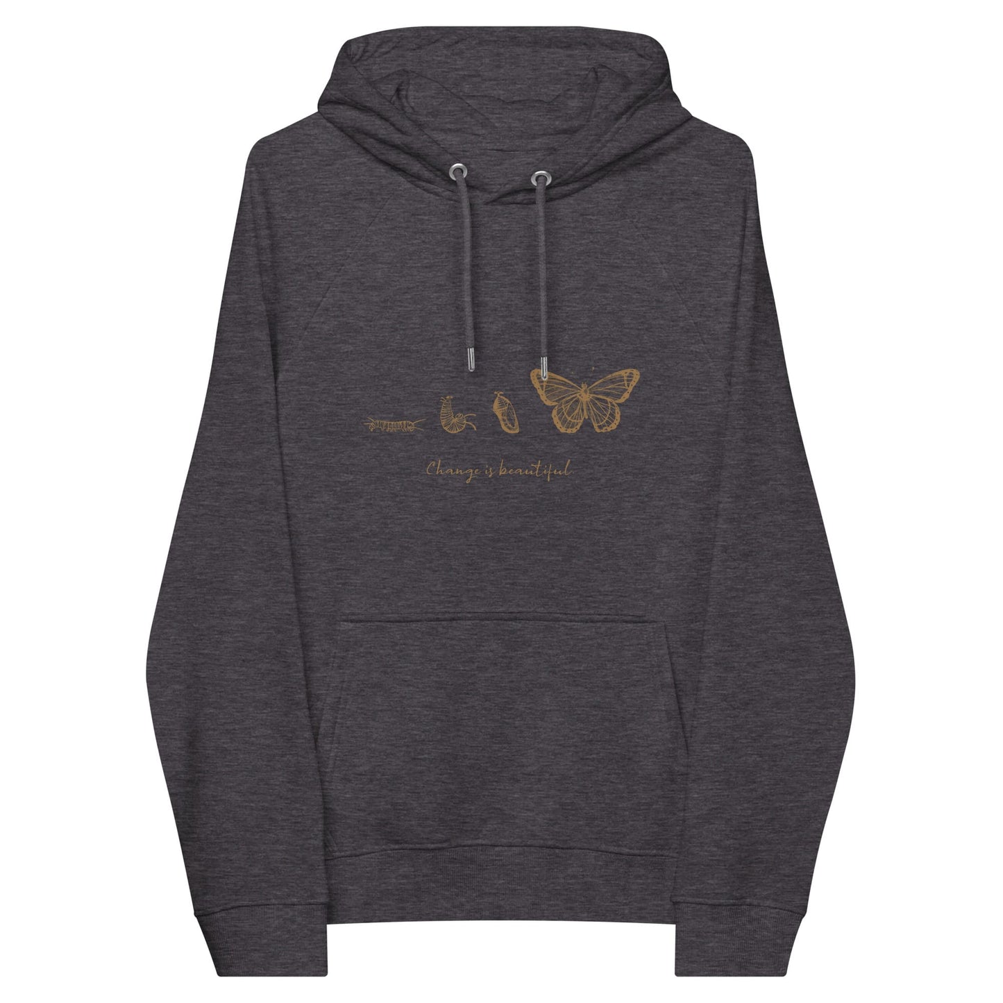 “Change is Beautiful” Butterfly Metamorphosis Raglan Hoodie (Adult Unisex) Charcoal Melange / XS