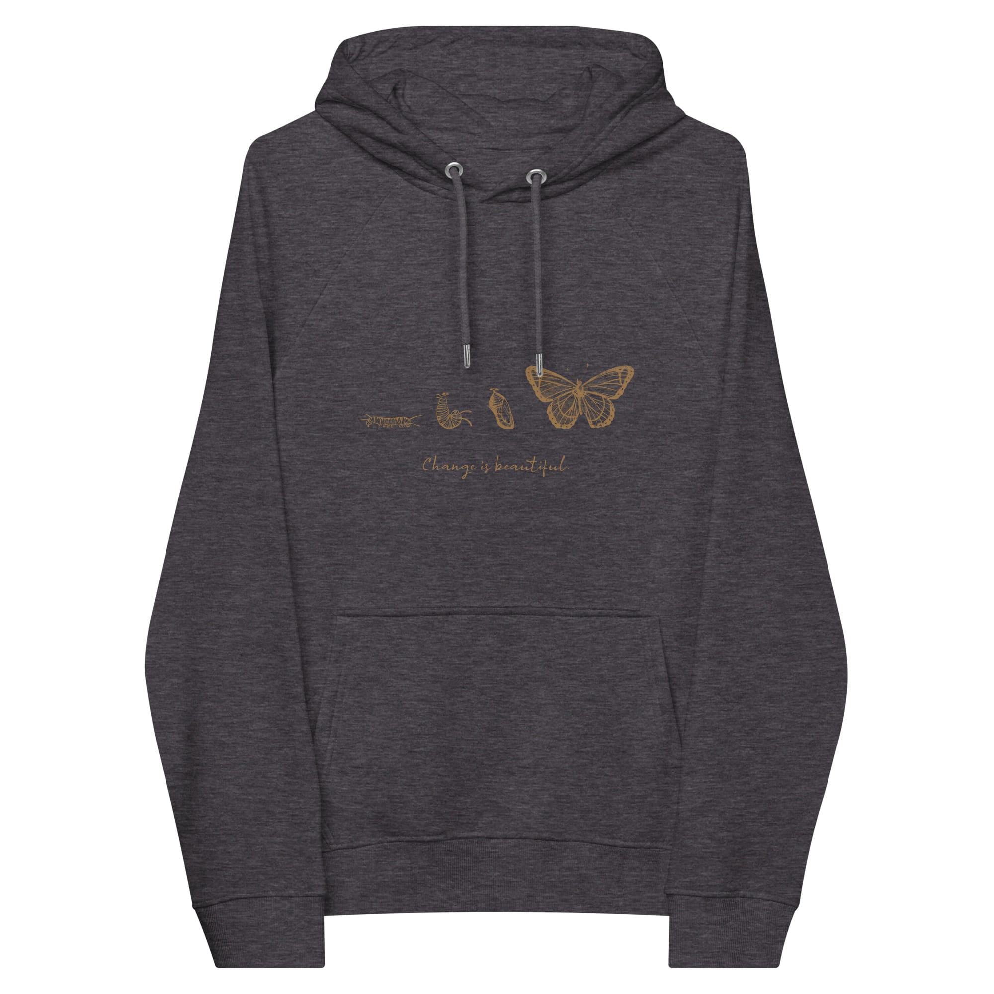 “Change is Beautiful” Butterfly Metamorphosis Raglan Hoodie (Adult Unisex) Charcoal Melange / XS