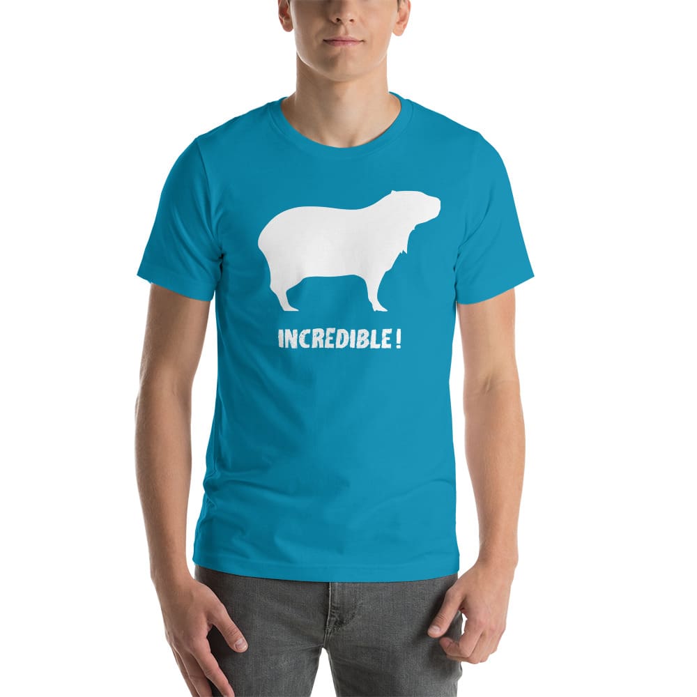 "Capybaras Are Incredible" Capybara T-Shirt - White Print (Adult Men's/Unisex) Aqua / S