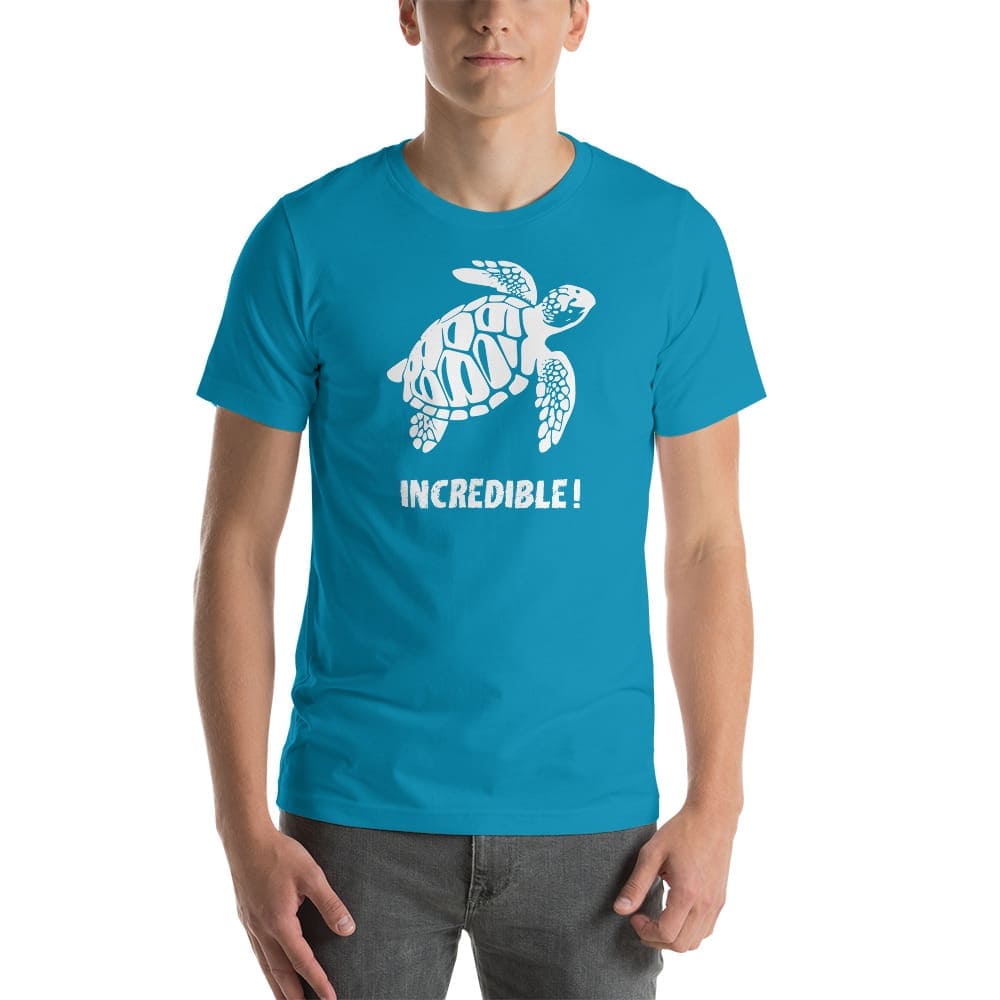 "Sea Turtles Are Incredible" Sea Turtle T-Shirt - White Print (Adult Unisex / Men's) Aqua / S