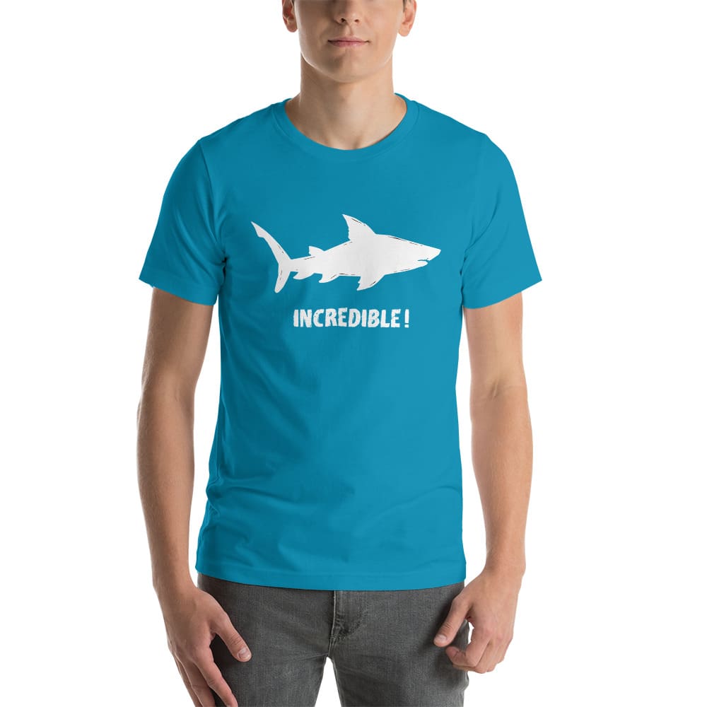 "Sharks Are Incredible" Shark T-Shirt - White Print (Adult Unisex/Men's) Aqua / S