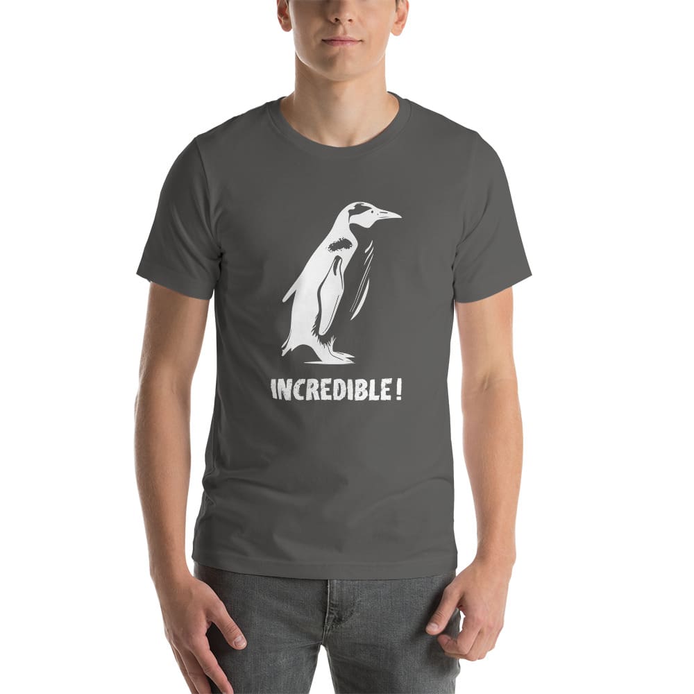 “Penguins Are Incredible!” Penguins T-Shirt – White Print (Adult Unisex / Men’s) Asphalt / S