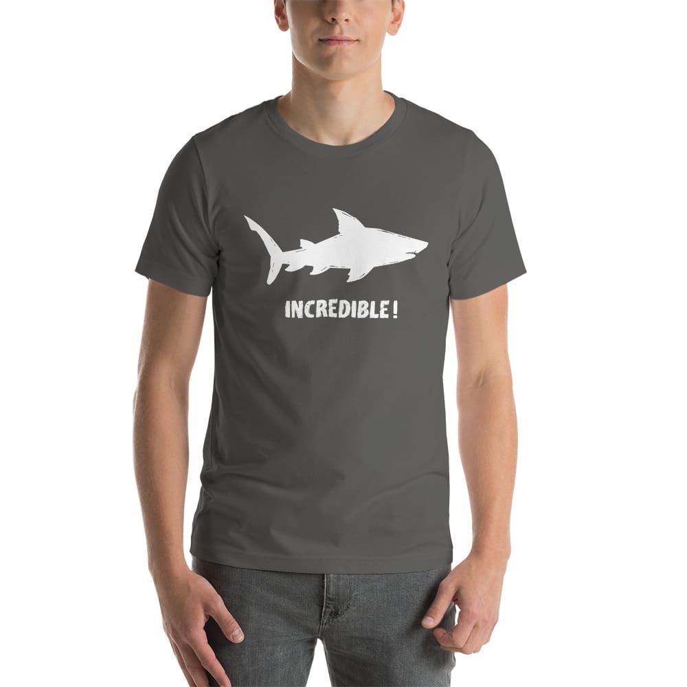 "Sharks Are Incredible" Shark T-Shirt - White Print (Adult Unisex/Men's) Asphalt / S