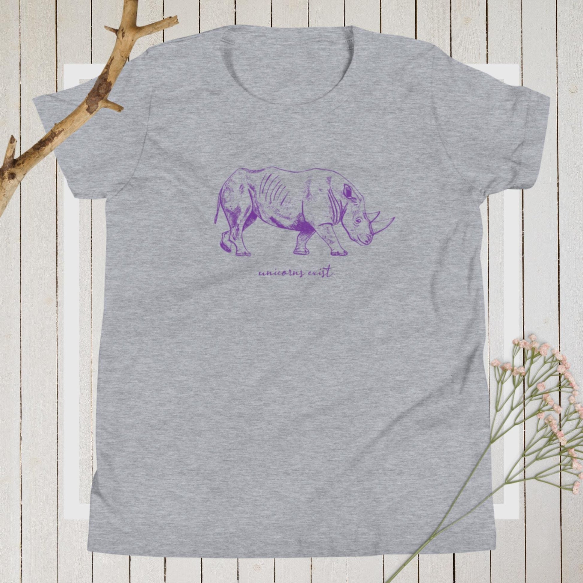 "Unicorns Exist" Rhinoceros T-Shirt for Kids/Youth (Purple Print) Athletic Heather / S