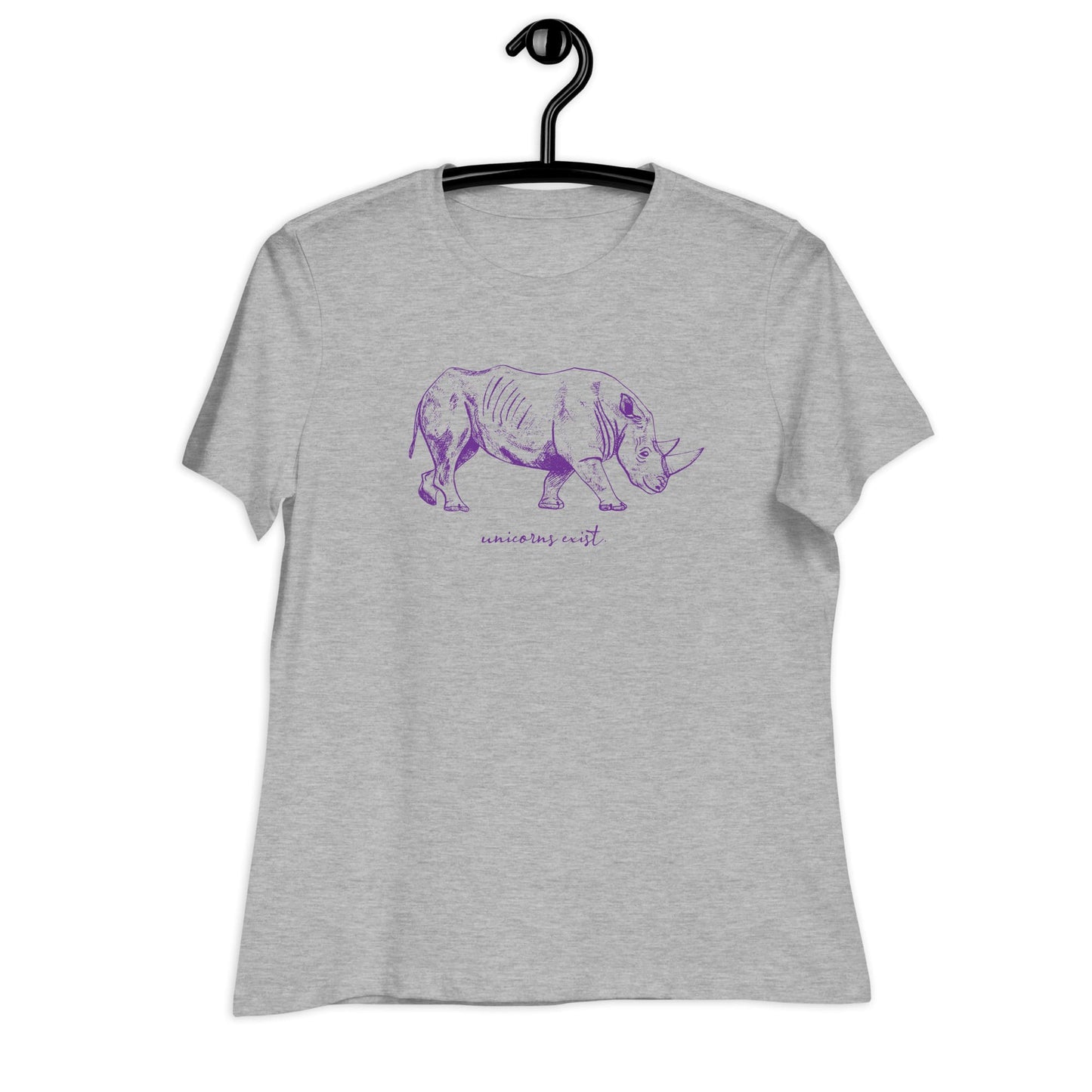 "Unicorns Exist" Rhinoceros T-Shirt for Women (Purple Print) Athletic Heather / S