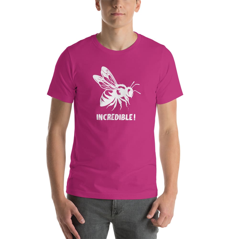 "Bees are Incredible" Bee T-Shirt - White Print (Adult Unisex / Men's) Berry / S