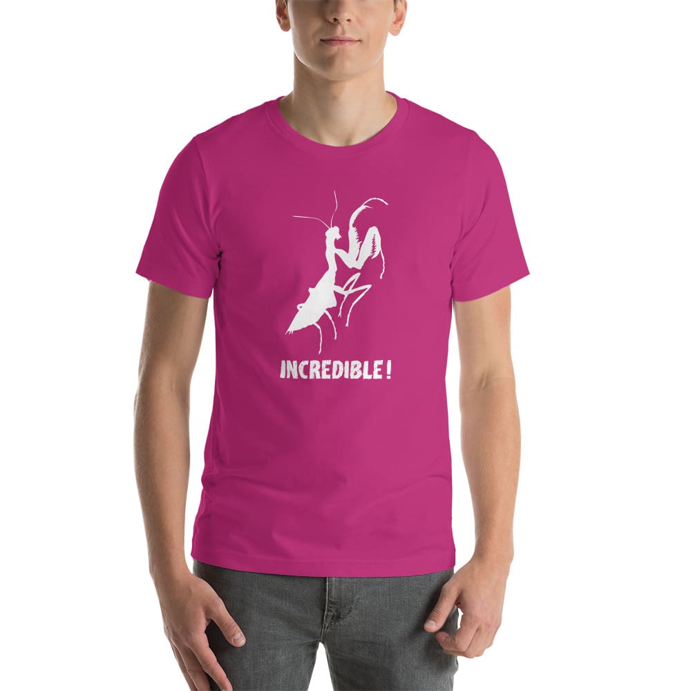 "Praying Mantises Are Incredible!" Praying Mantis T-Shirt - White Print (Adult Unisex / Men's) Berry / S