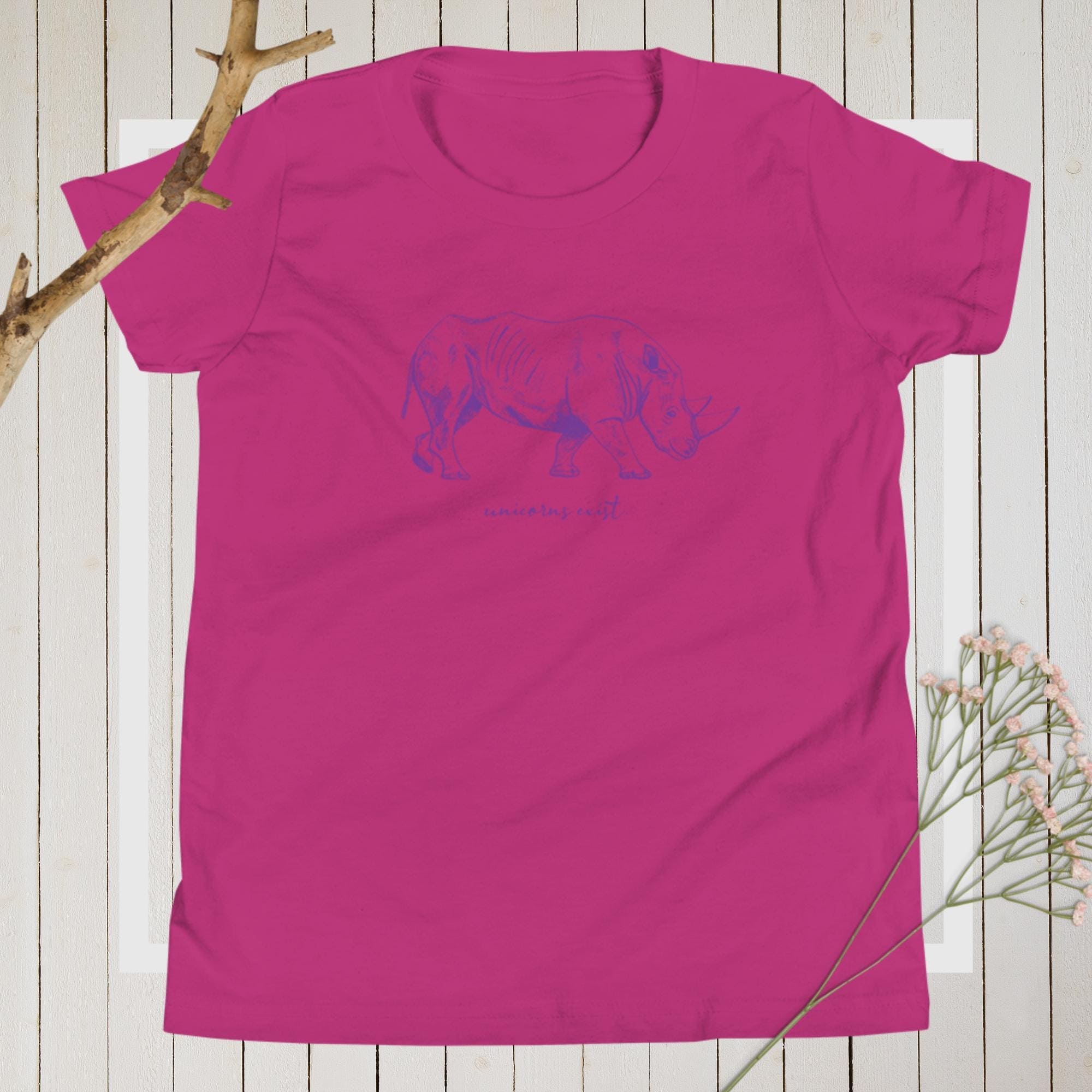 "Unicorns Exist" Rhinoceros T-Shirt for Kids/Youth (Purple Print) Berry / S