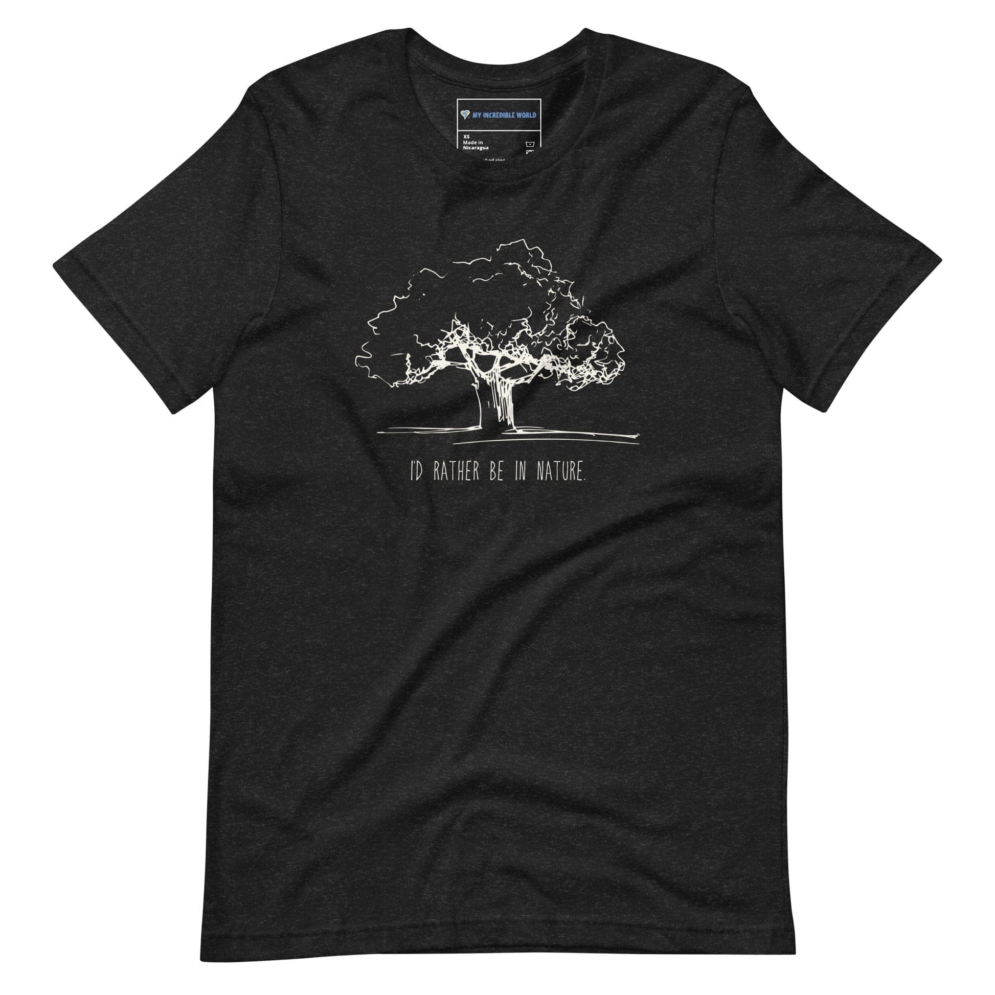 "I'd Rather Be in Nature" Nature-Lover's T-Shirt with Tree Sketch (Adult Unisex) Black Heather / XS